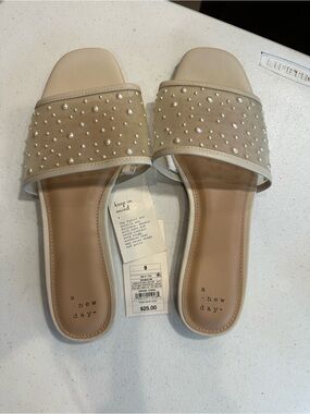 a new day Beige Pearl-Embellished Slide Sandals-NEVER WORN